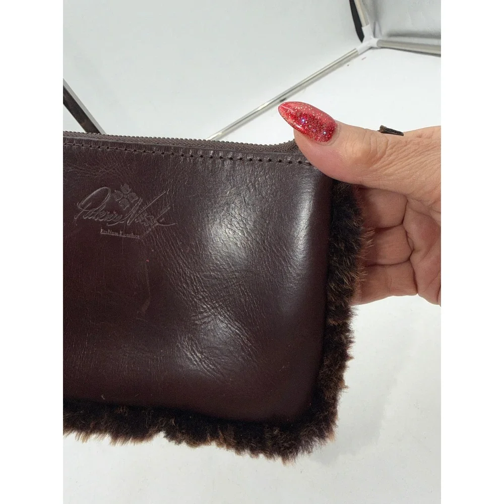 Patricia Nash Brown Italian Leather Faux Fur Trim Wristlet Pouch Pom Pom Charm